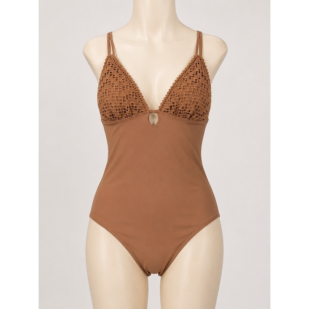 Shade & Shore Women Brown Crochet High Leg Cheeky One Piece Swimsuit Large NEW